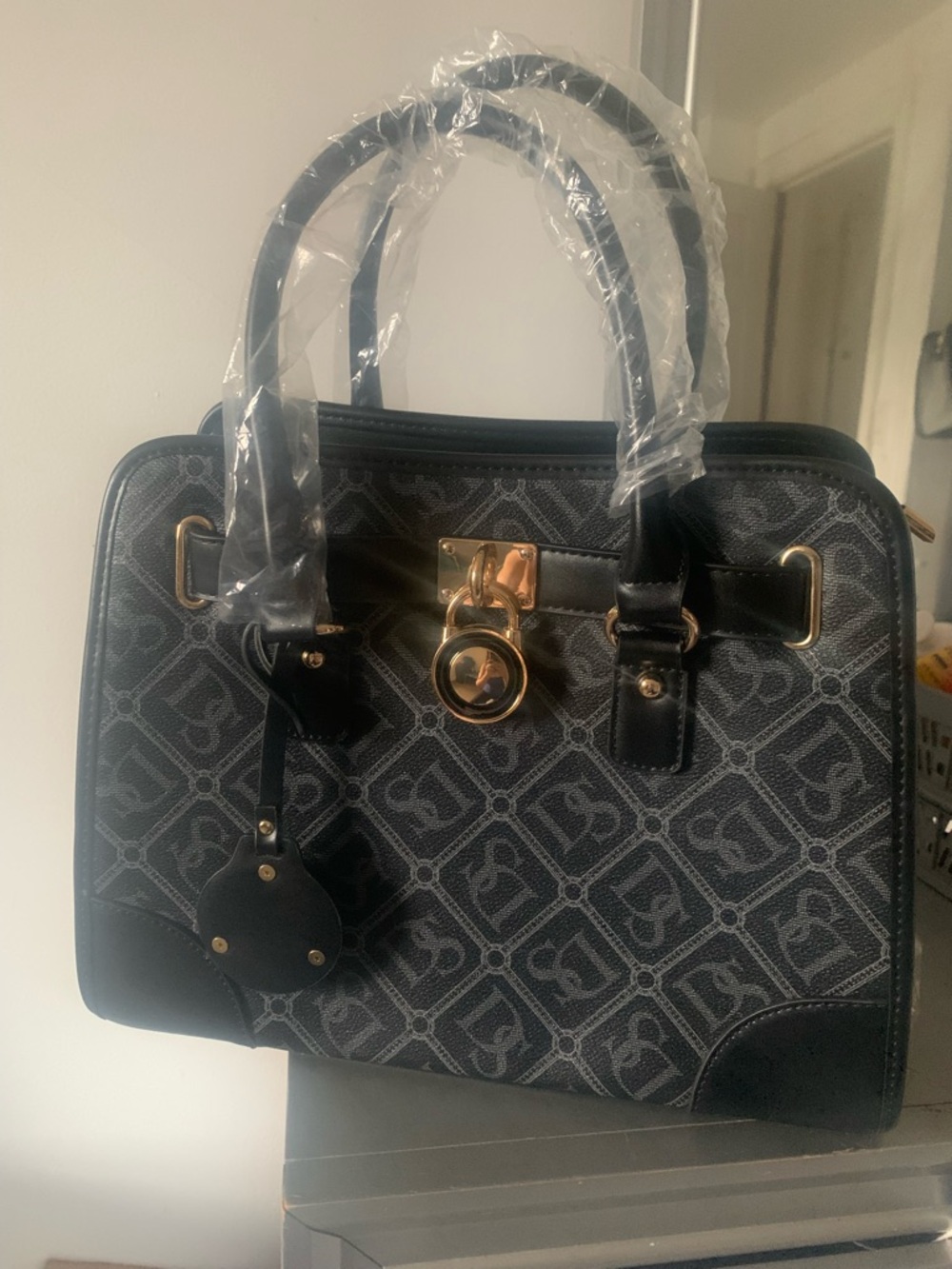 Black Patterned Satchel with Gold-Tone Hardware